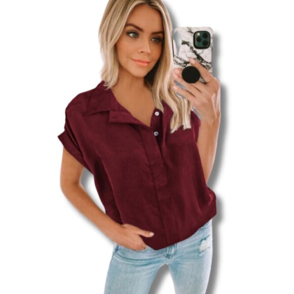 Burgundy Women's Short Sleeve Button Up Blouse
